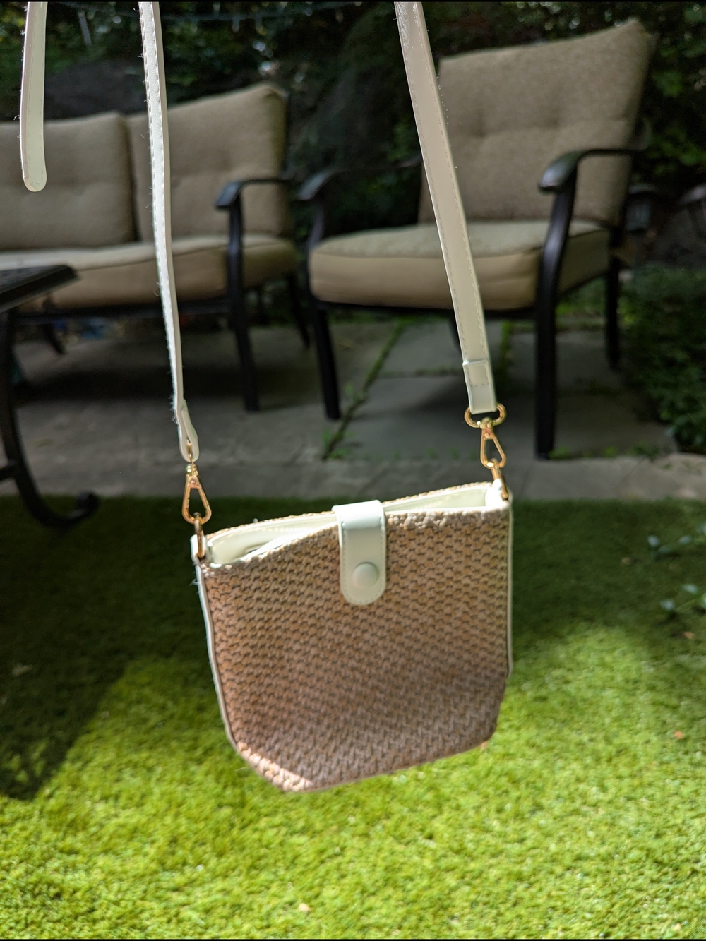 Neutral Rattan Straw Woven White Crossbody Bag Purse Cottagecore Coastal Boho